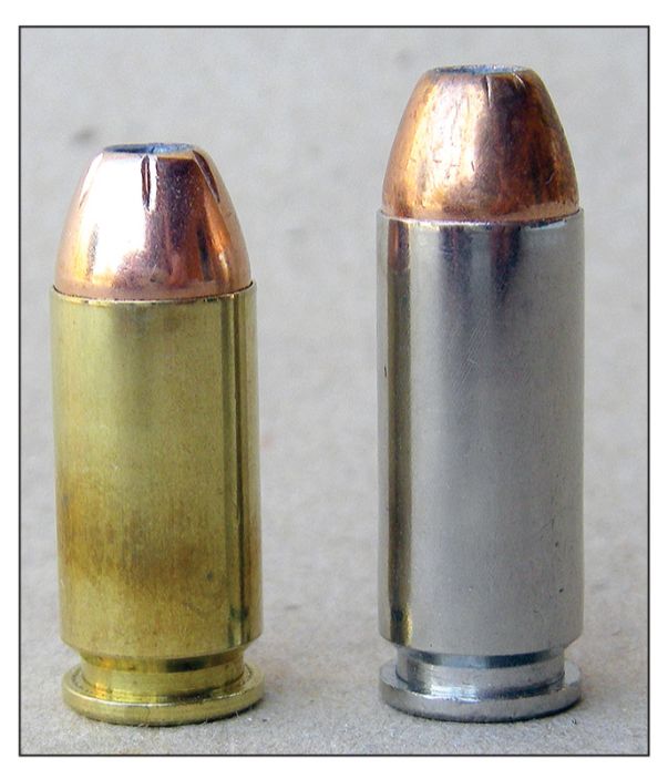 The .40 S&W (left) and 10mm Auto (right) are rimless cases and should only be fired in guns chambered specifically for each cartridge.